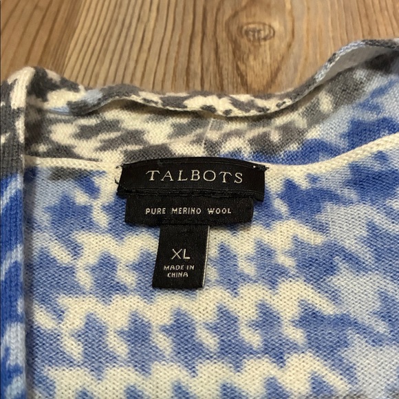Talbots Merino Wool Open Front Cardigan Blue Gray Hounds Tooth Paisley Womens XL - Picture 3 of 9